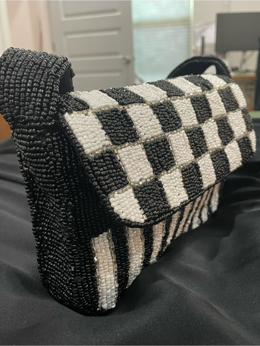 Studio 12 Black White Beaded Shoulder Bag Checkerboard Baguette Y2K